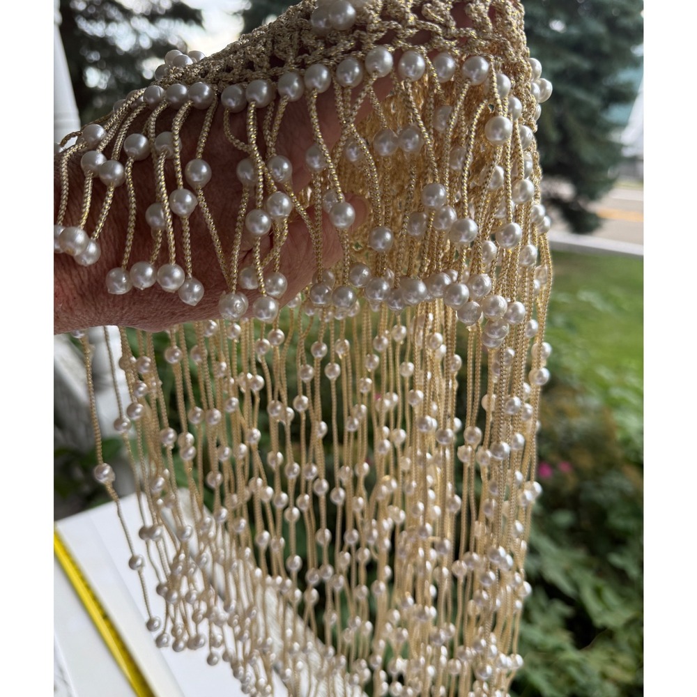 Vintage Gold Crochet Faux Pearl Fringe Evening Cap Flapper Cocktail Headpiece